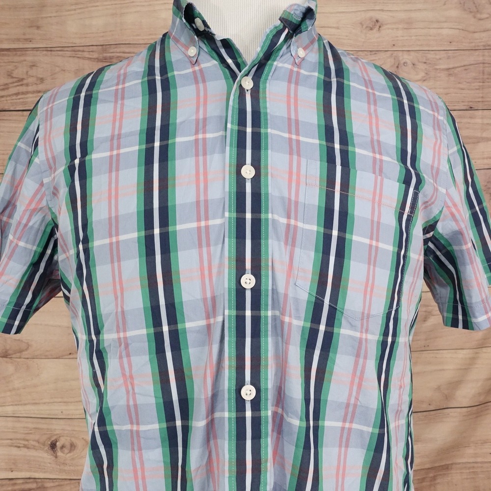 Tailor Vintage Shirt Mens M Blue Green Plaid Short Sleeve Button-Up Stretch